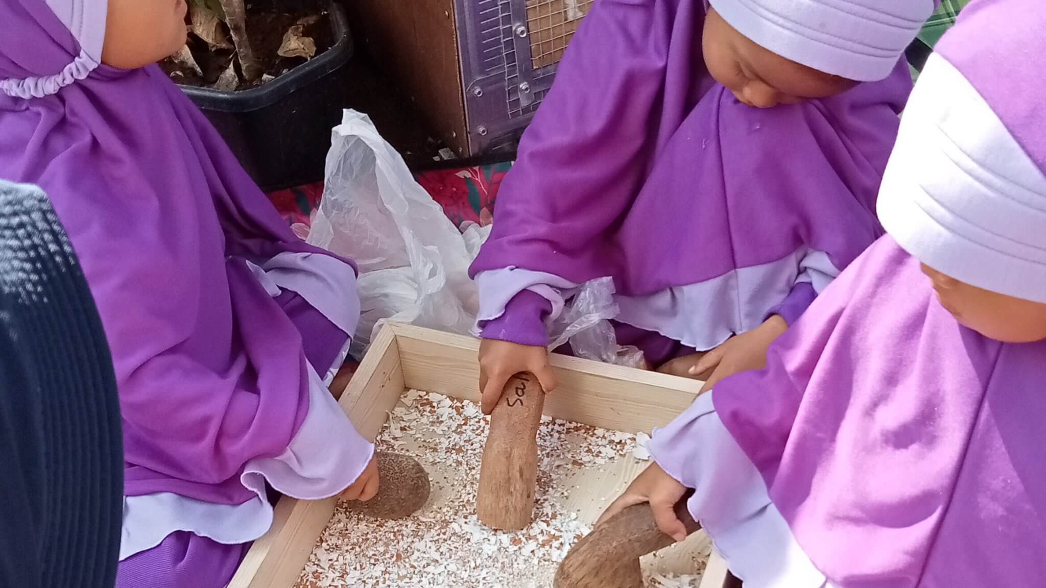 Sekolah Penghafal Qur'an Usia Dini - Motorik Halus - Menghaluskan kulit telur untuk pupuk